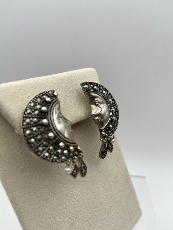 Vintage Suspicion Marcasite Sterling Silver Moon Goddess Earrings Pierced - Picture 5 of 9